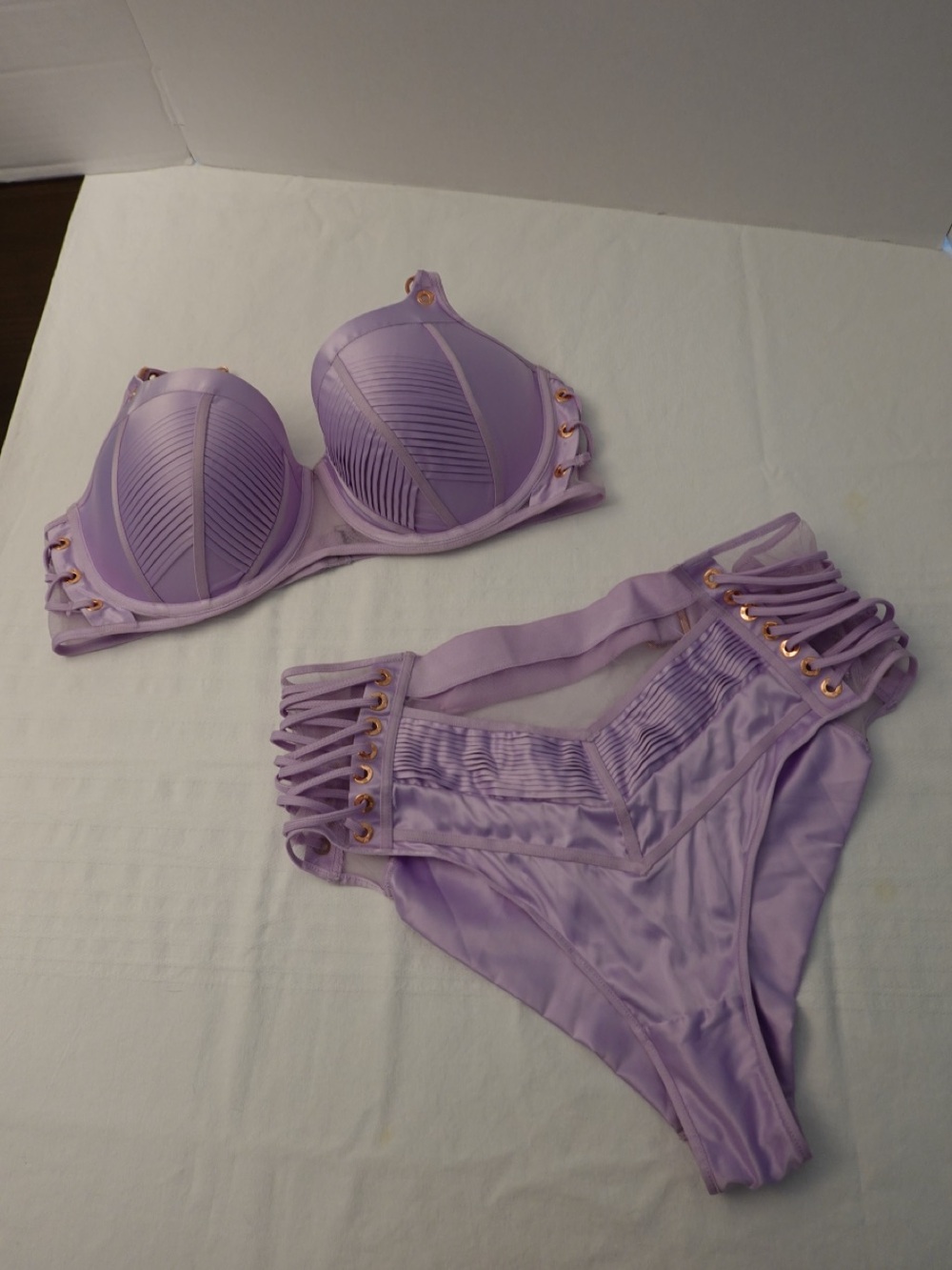 Honey Birdette Jerry Lilac Lace-Up Bra & High-Waist Brief Set